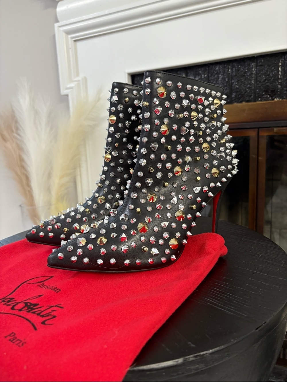 Christian Louboutin So KateBlack Leather Spike & Stud Ankle Boots with Red Soles